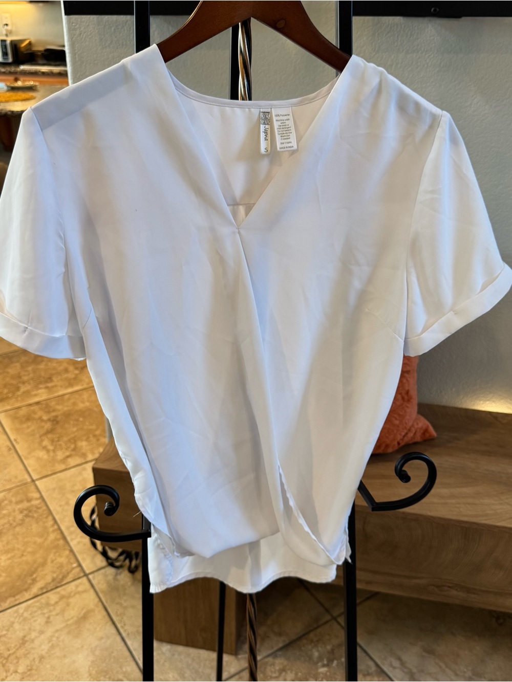 Japna White V-Neck Short Sleeve Draped Blouse
